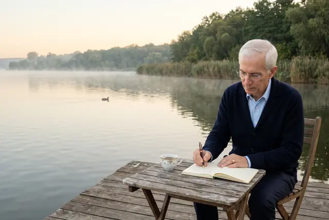 Richard Gavril scrie în caiet dimineața, pe pontonul de pe lacul Snagov, cu o ceașcă de cafea